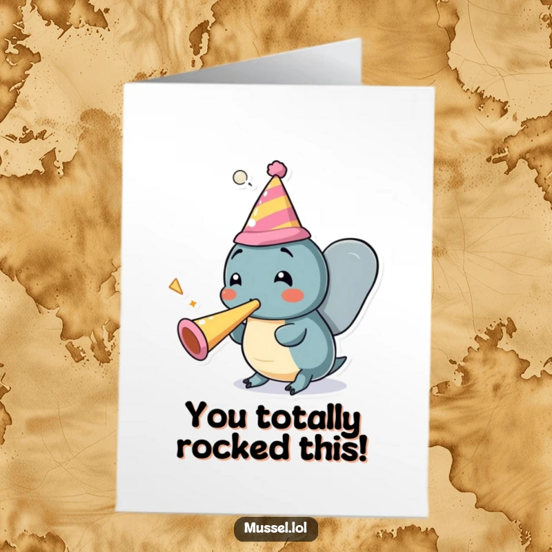Funny Free Printable Congrats Card: Mussel character in a party hat blowing a party horn, conveying excitement.