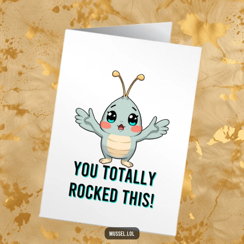 Funny Free Printable Congratulations Card: A surprised mussel character with arms flung wide, reacting to exciting news.