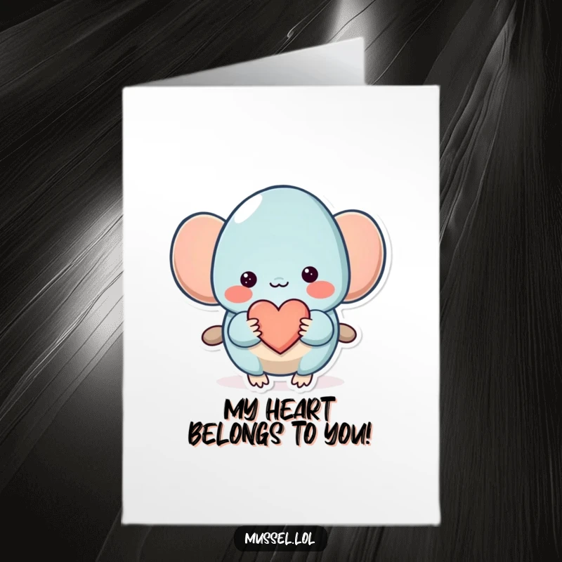 Funny Free Printable Congratulations Card: A shy mussel character shyly presents a small heart.