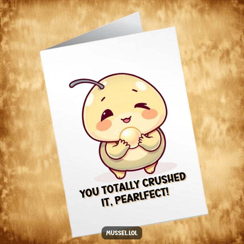 Funny Free Printable Congratulations Card: A winking mussel character holds a sparkling pearl, celebrating a big win.
