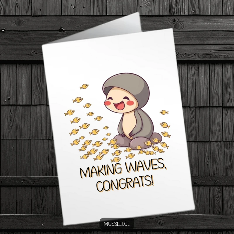 Funny Free Printable Congratulations Card: Mussel in fits of laughter watching tiny fish swim in a playful circle.