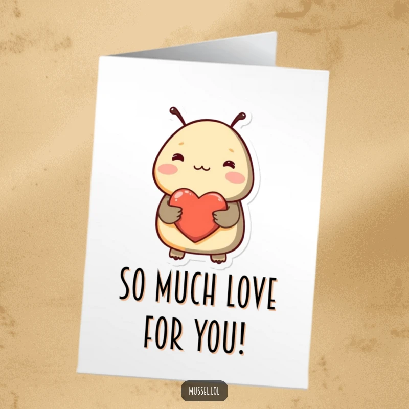 Funny Free Printable Congratulations Card: Shy mussel blushing adorably holds a heart, conveying sweet congratulations and warm feelings.