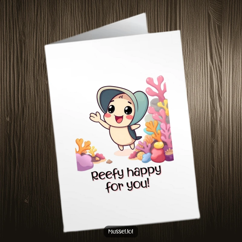 Funny Free Printable Congratulations Card: A mussel giving a warm, cheerful wave from its beautiful, colorful coral reef.