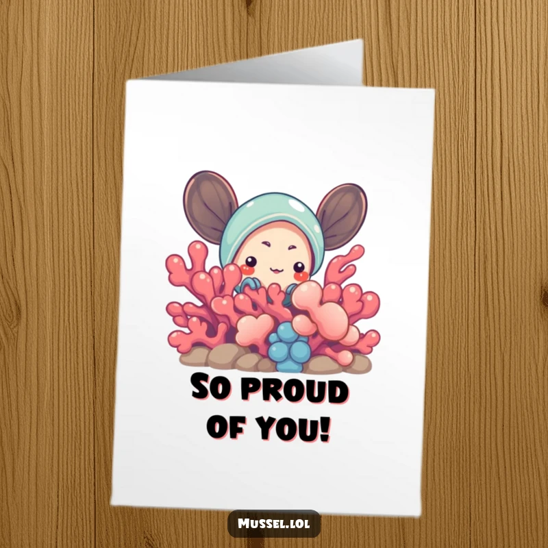 Funny Free Printable Congratulations Card: A cute mussel peeking out from vibrant coral, full of wonder and excitement.