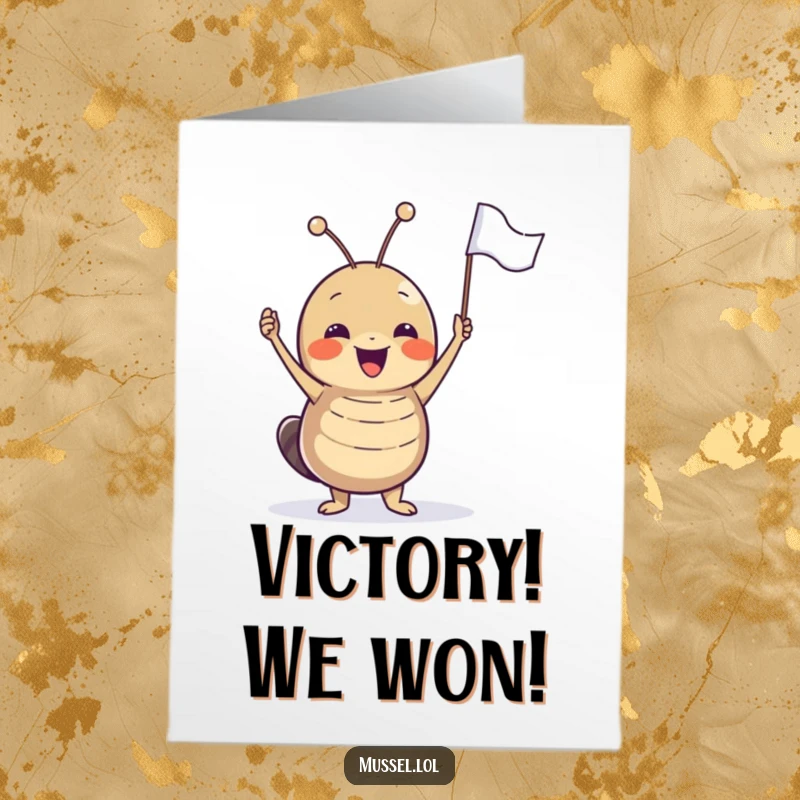 Free Printable Congratulations Card: A happy mussel character enthusiastically waving a tiny flag in celebration.