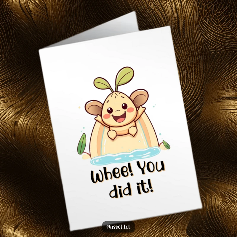 Free Printable Congratulations Card: A smiling mussel character enjoying a thrilling ride down a water slide.