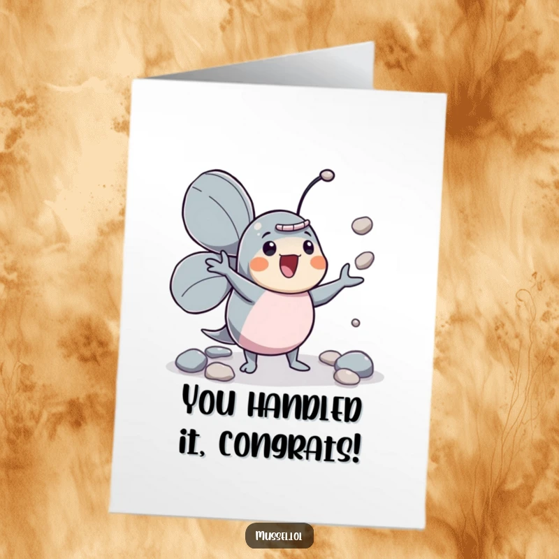 Free Printable Congratulations Card: A mussel juggles pebbles with great enthusiasm, celebrating a successful achievement.