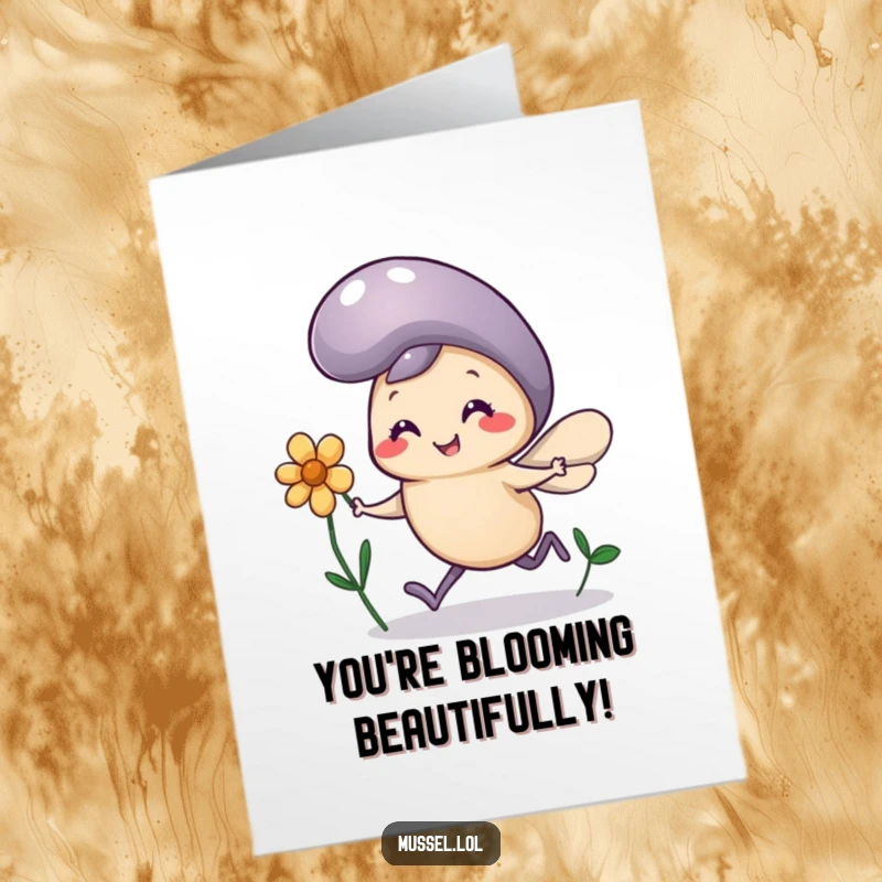 Funny Free Printable Congrats Card: Mussel character with tiny legs happily running, carrying a flower, cartoon illustration.