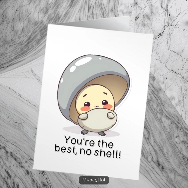 Funny Free Printable Congratulations Card: A small, shy mussel peeking from behind a larger one, celebrating an achievement.