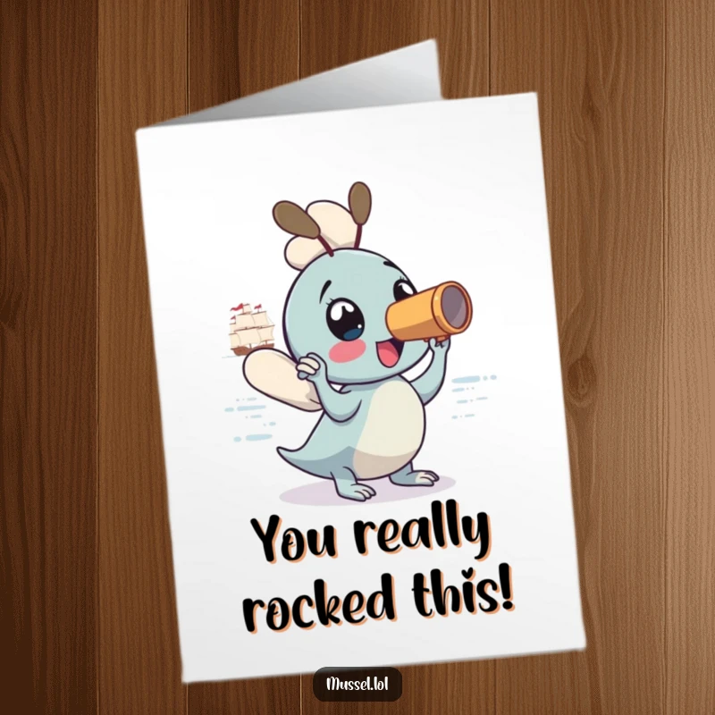 Funny Free Printable Congratulations Card: Mussel with spyglass sees success on the horizon. A downloadable win!