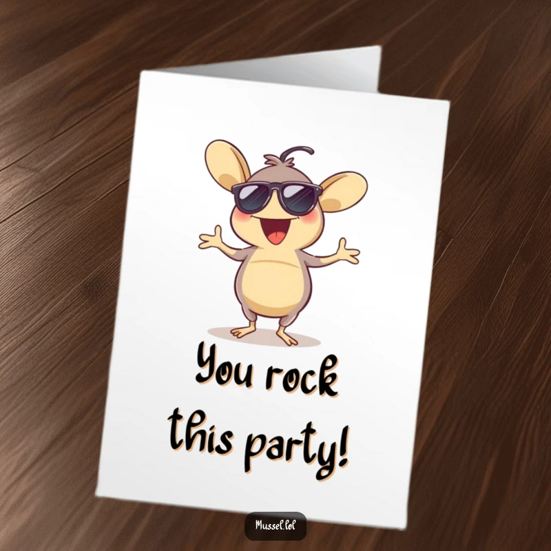 Funny Free Printable Congratulations Card: Excited mussel in sunglasses dances a jig, celebrating success with high energy and cool vibes.
