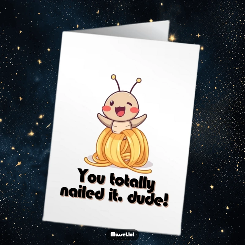 Funny Free Printable Congratulations Card: Excited mussel character triumphantly sliding down a spaghetti noodle, perfect for any achievement.