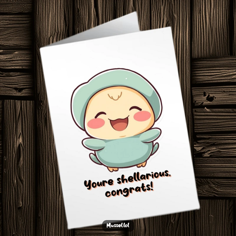 Funny Free Printable mussel character with rosy cheeks laughing heartily, ideal for a congratulations card.