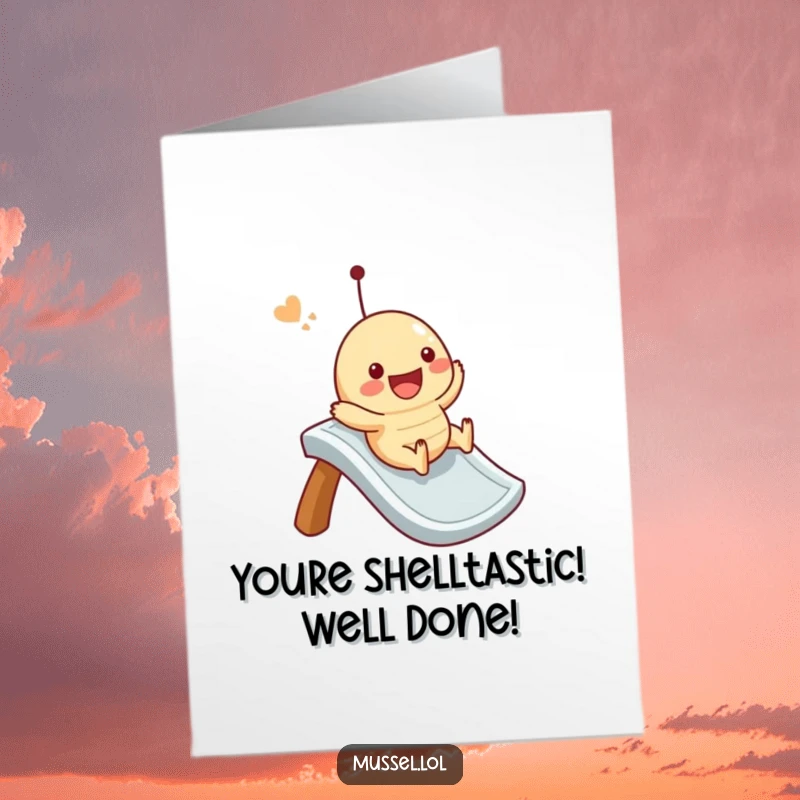 Funny Free Printable Congratulations Card: A mussel character celebrates a win by sliding down an imaginary slide with pure glee.
