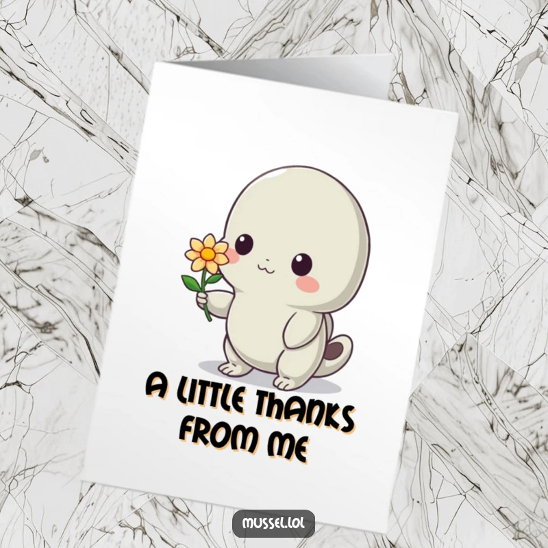 Free Printable Thank You Card: A demure mussel character presenting a tiny flower with a shy smile, conveying sincere thanks.