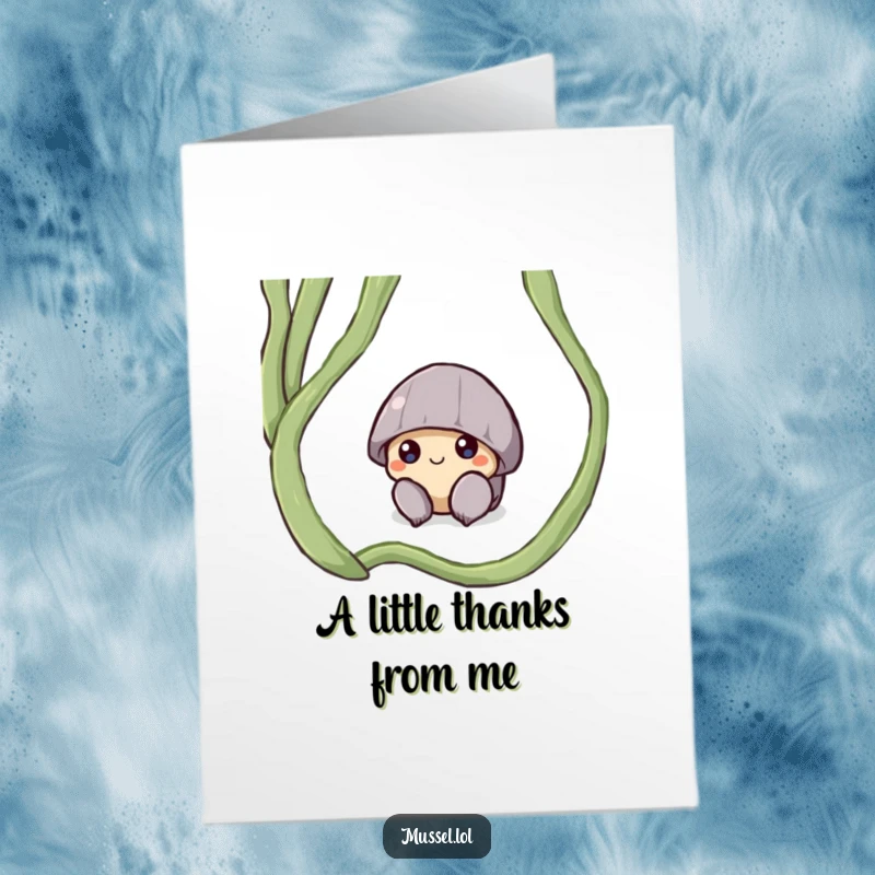 Funny Free Printable Thank You Card: A timid mussel peeking from under seaweed, showing appreciation with quiet charm.