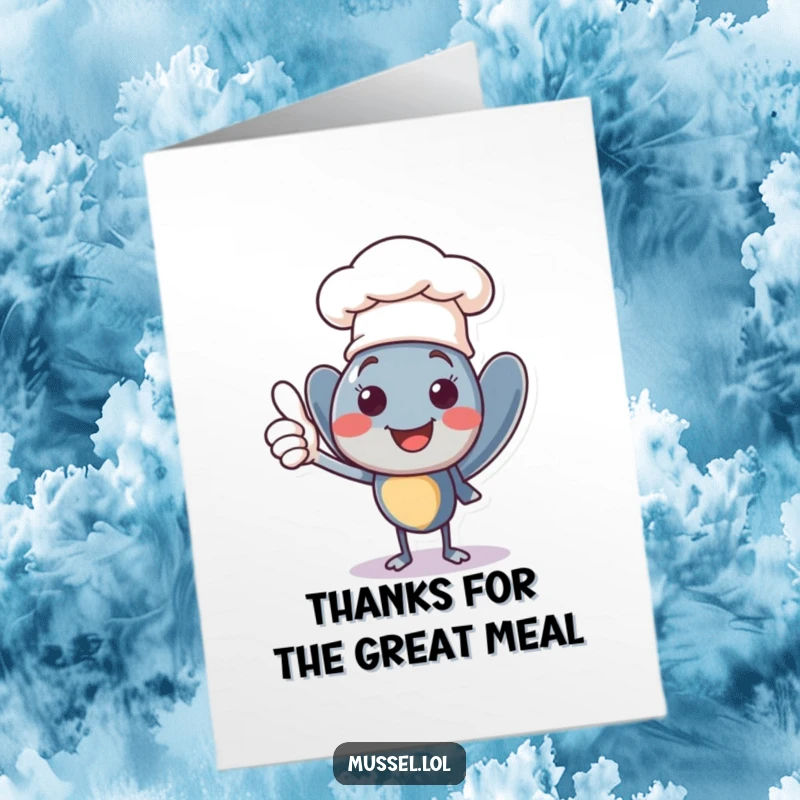 Funny Free Printable Thank You Card: Smiling mussel chef with a tiny hat gives a positive thumbs up.