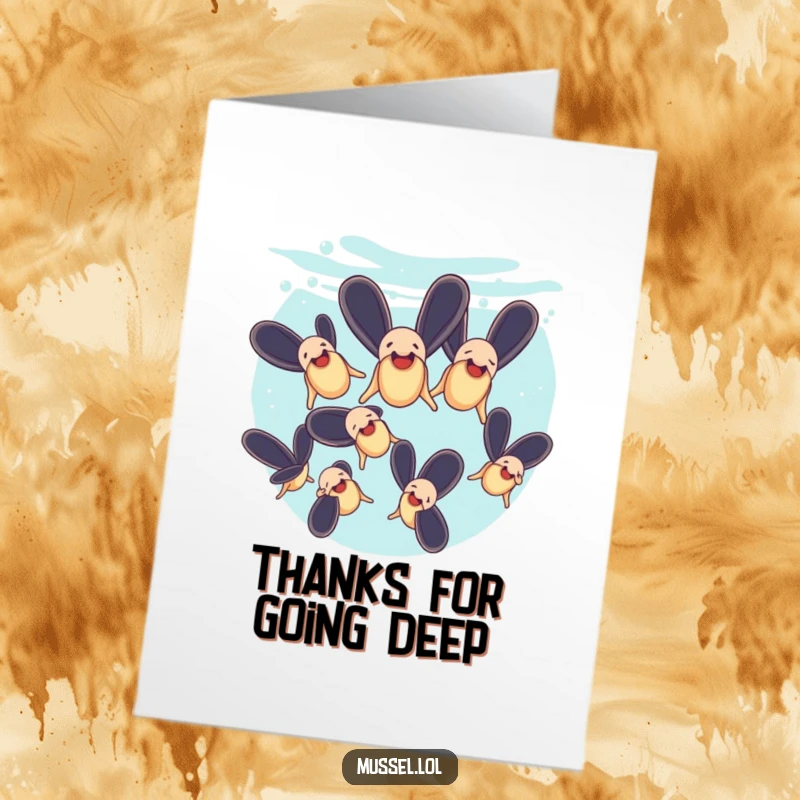Funny Free Printable Thank You Card: A group of mussels performing a synchronized swimming routine underwater, expressing thanks with aquatic humor.
