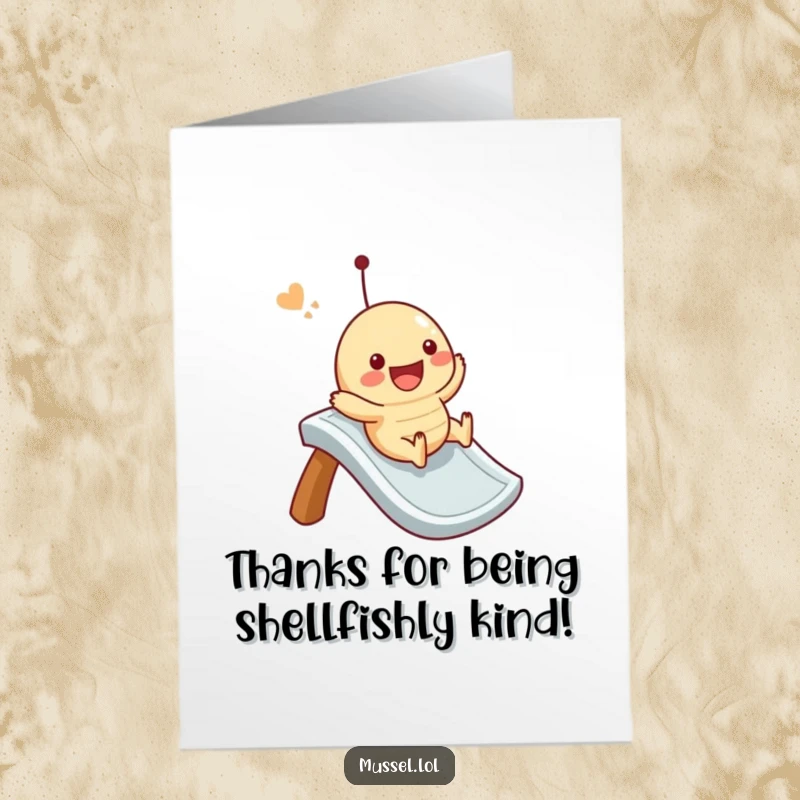 Funny Free Printable Thank You Card: A happy mussel character slides down a whimsical slide, expressing thanks with a big smile.