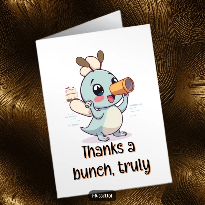 Funny Free Printable Thank You Card: Mussel with spyglass sends heartfelt thanks from afar. A downloadable expression!