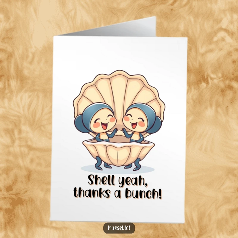 Funny Free Printable Thank You Card featuring two happy mussels giggling and sharing a large clam shell, spreading warmth.