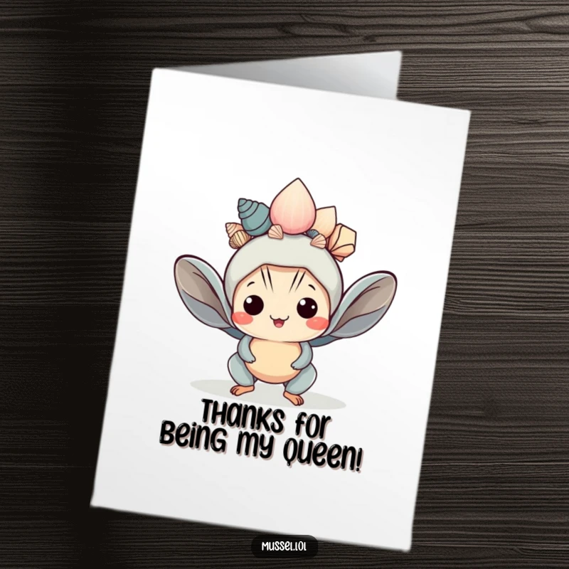 Funny Free Printable Thank You Card: A kawaii mussel balancing seashells as a crown, a perfect DIY gift.