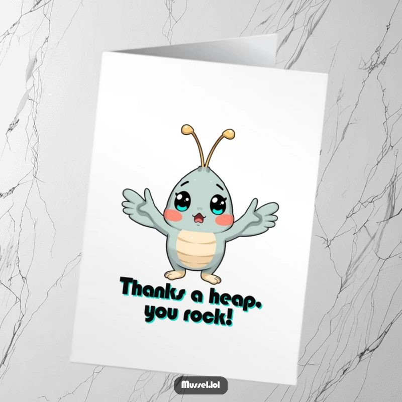 Funny Free Printable Thank You Card: A surprised mussel with arms open wide in a comical expression of thanks.