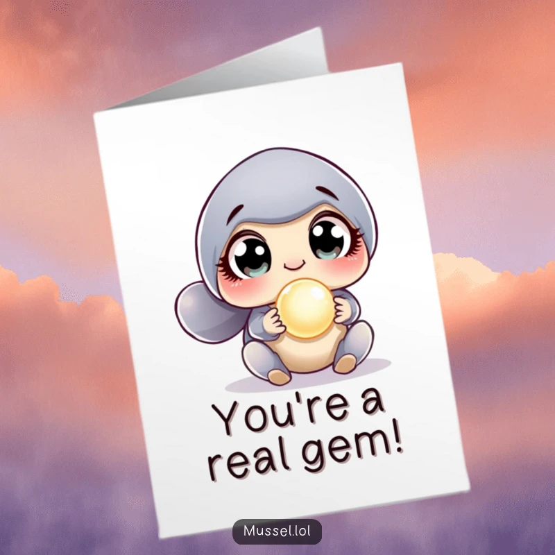 Funny Free Printable Thank You Card: A mussel character stares in wide-eyed shock at a luminous pearl.