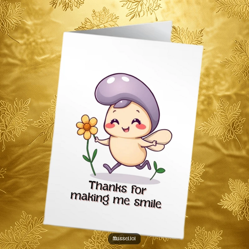 Funny Free Printable Thank You Card: Mussel character with tiny legs running happily with a flower, cartoon style.