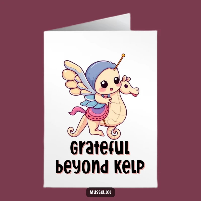 Free Printable Thank You Card: Grateful Mussel on Seahorse, Charming Thanks Downloadable