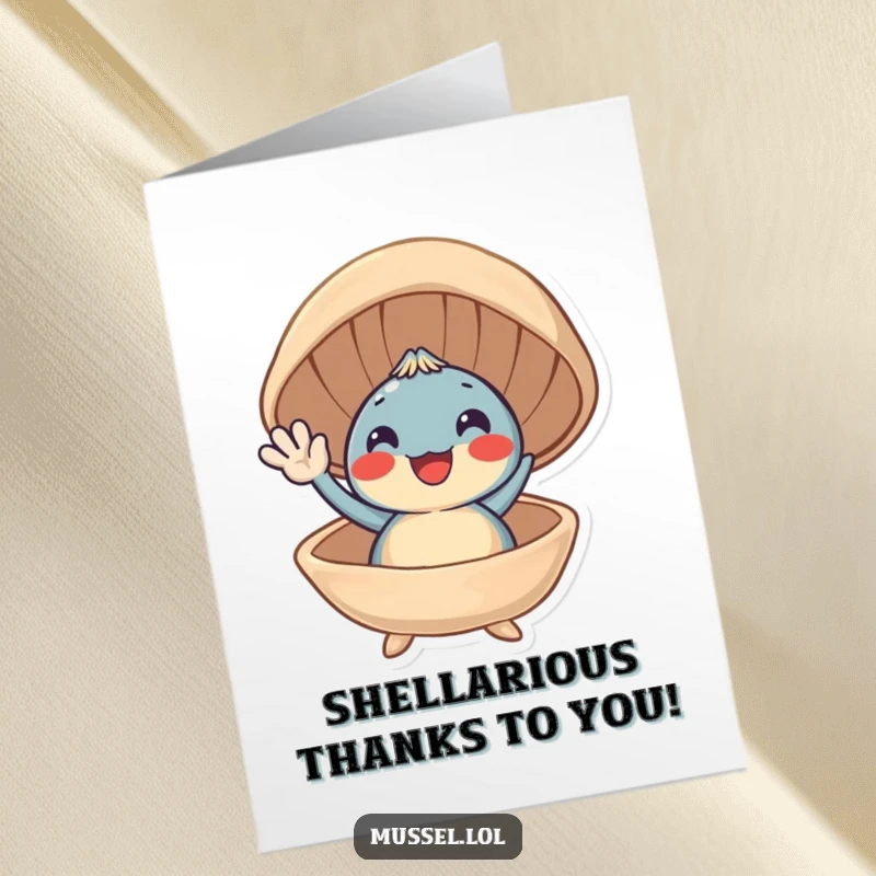 Funny Free Printable Thank You Card: A happy mussel waving from its open shell, conveying sincere thanks.