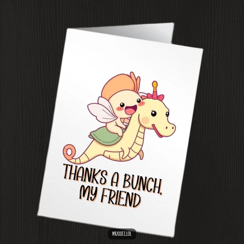 Free Printable Thank You Card: A happy mussel rides a seahorse, bringing thanks from the deep blue sea.