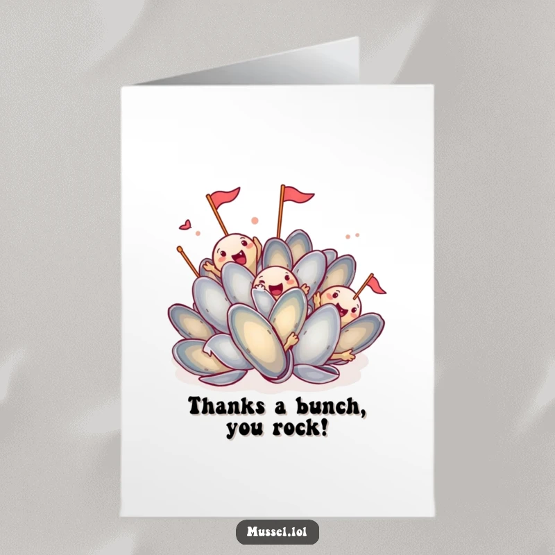 Funny Free Printable Thank You Card: A crowd of happy mussels waving small flags, conveying sincere thanks with cheerful energy.