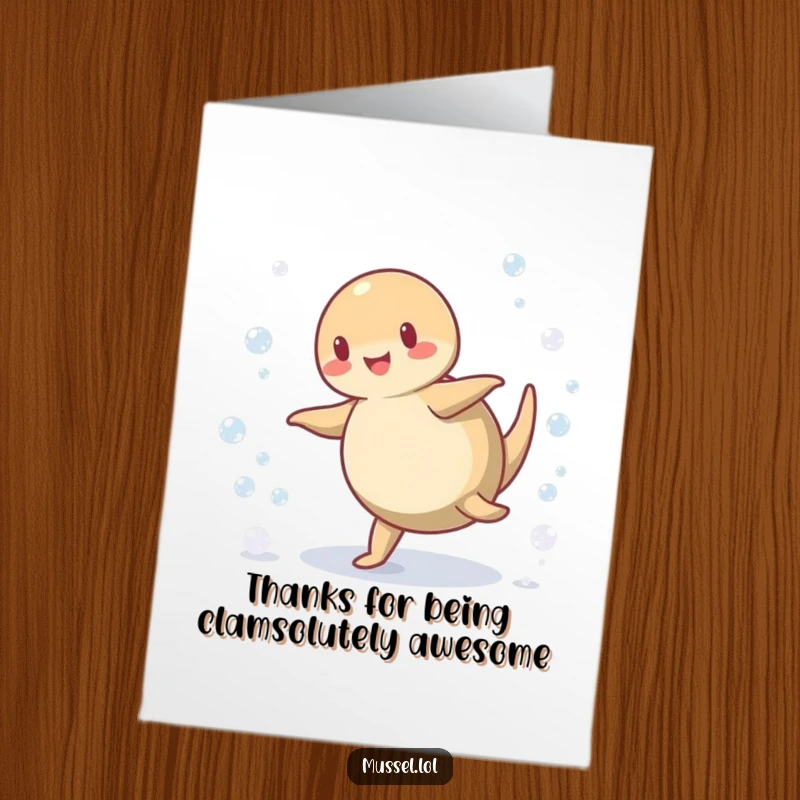 Funny Free Printable Thank You Card: A mussel cartwheeling with joy, showering bubbles, a unique way to say thanks.