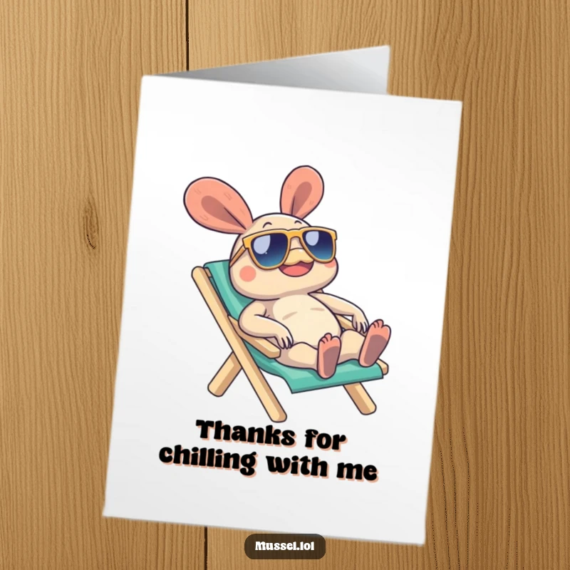 Funny Free Printable Thank You Card with a mussel wearing sunglasses, relaxing on a beach chair, expressing calm gratitude.