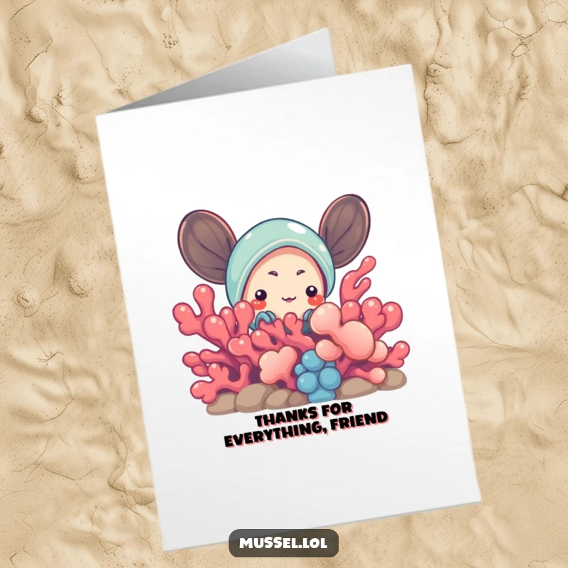 Funny Free Printable Thank You Card: A little mussel peeking inquisitively from behind a brightly colored coral reef.