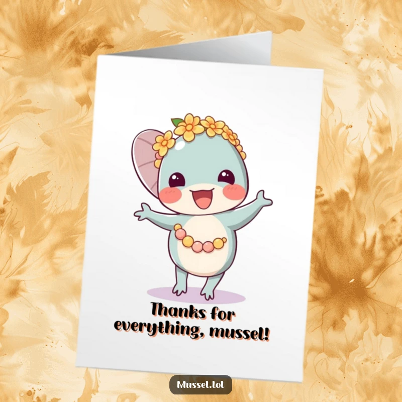 Funny Free Printable Thank You Card: A cheerful mussel in a flower lei, dancing to express heartfelt thanks.