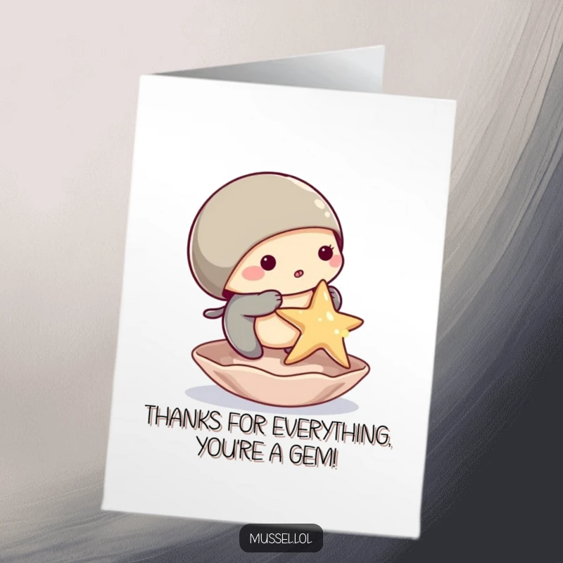 Funny free printable thank you card: A happy mussel character shows gratitude by balancing a starfish on its shell.