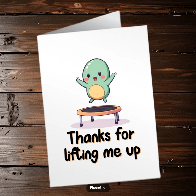 Funny Free Printable mussel character happily bouncing on a trampoline, a delightful thank you card.