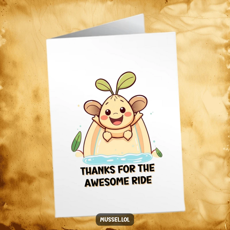 Funny Free Printable Thank You Card: A mussel character with a big smile slides down a water slide saying thanks.