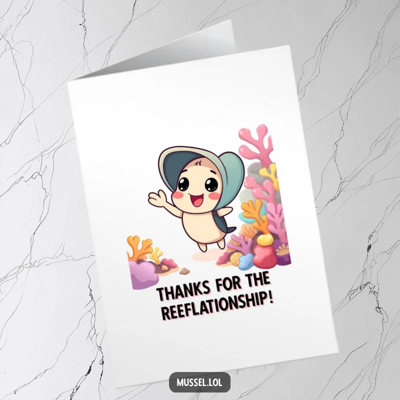 Funny Free Printable Thank You Card: A friendly mussel character waves cheerfully from a vibrant and colorful coral reef.
