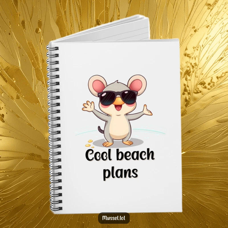 Funny mussel character in sunglasses, posing coolly on a beach, on the cover of a notebook, for cool note-takers.