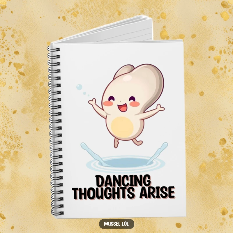 Funny mussel notebook with a character joyfully dancing with little legs and a tiny splash, perfect for ideas.