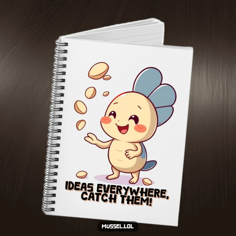 Funny Mussel Notebook with an enthusiastic mussel character juggling seashells, perfect for capturing brilliant ideas with flair, a perfect funny gift.