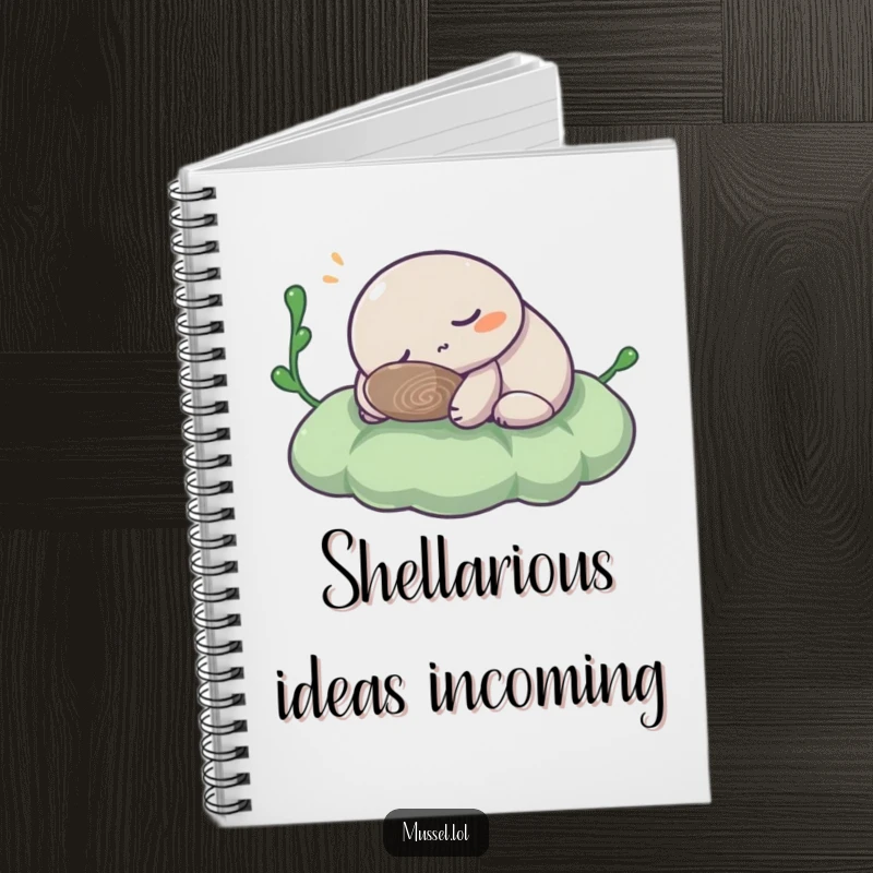 Funny Mussel Notebook: Features a serene mussel character napping on seaweed, designed for note-taking with a peaceful and humorous vibe.