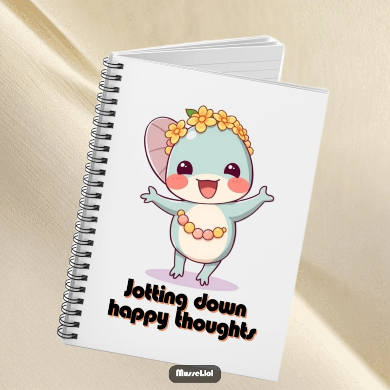 Funny Mussel Lei Dancer Notebook with a happy mussel character in a flower lei, dancing and ready to capture notes.