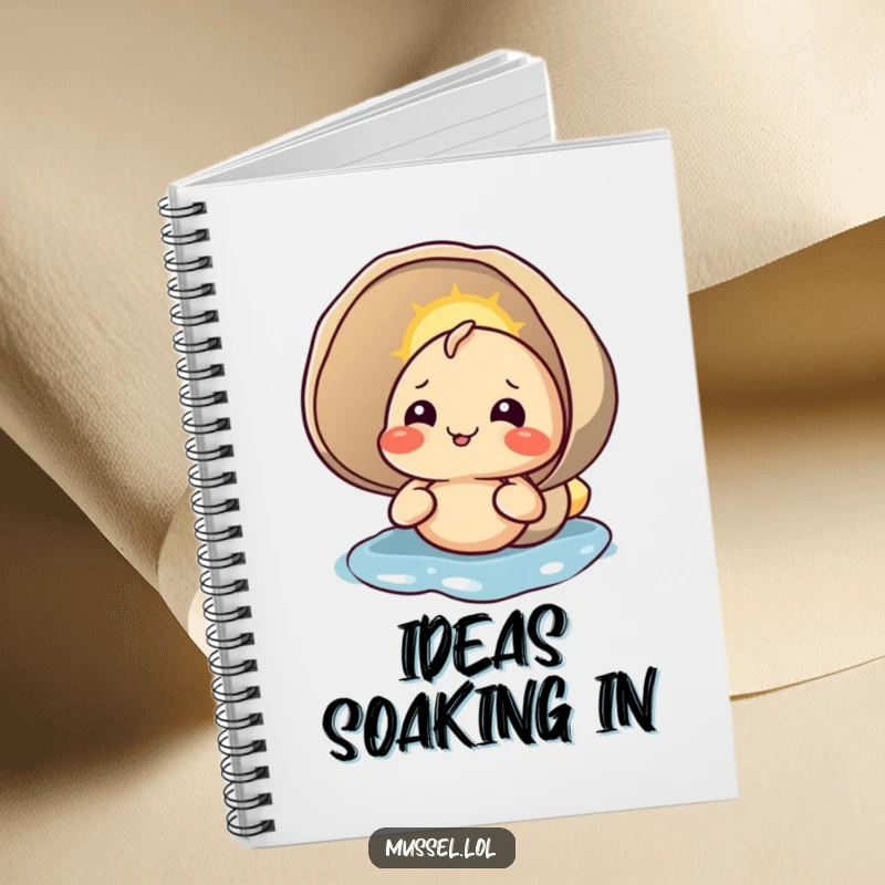 Funny notebook cover showing a content mussel character enjoying sunlight on its shell, a humorous stationery item.