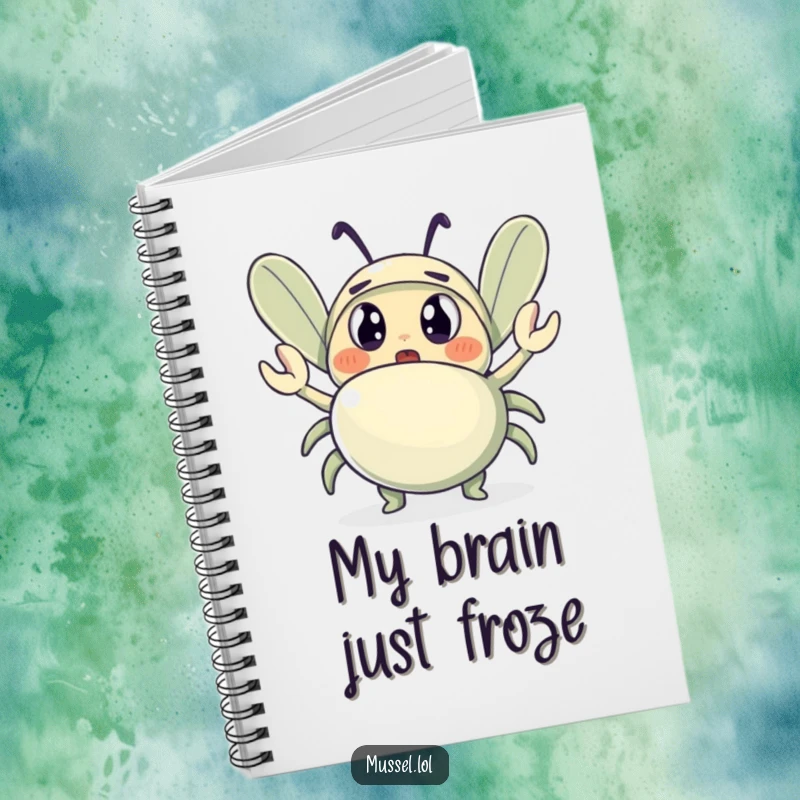 Funny notebook cover showing a wide-eyed, surprised mussel character observing a tiny waving crab, a humorous stationery item.