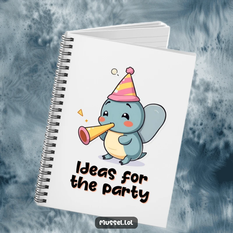 Funny Mussel Party Notebook: A happy mussel character wearing a party hat blows a party horn, a humorous journal.