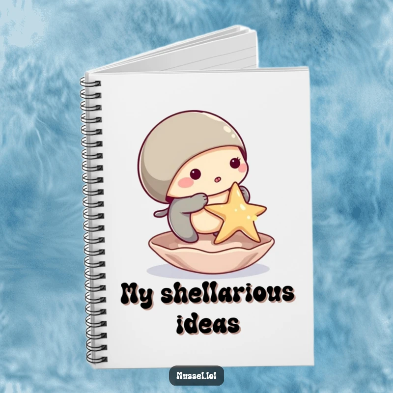 Funny mussel notebook cover with a mussel character attempting to balance a starfish on its shell, promoting creative and amusing note-taking.